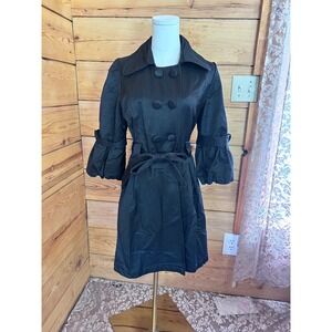 Vintage Satin Trench Coat Womens Large Black Double Breasted Bubble Sleeve Luii